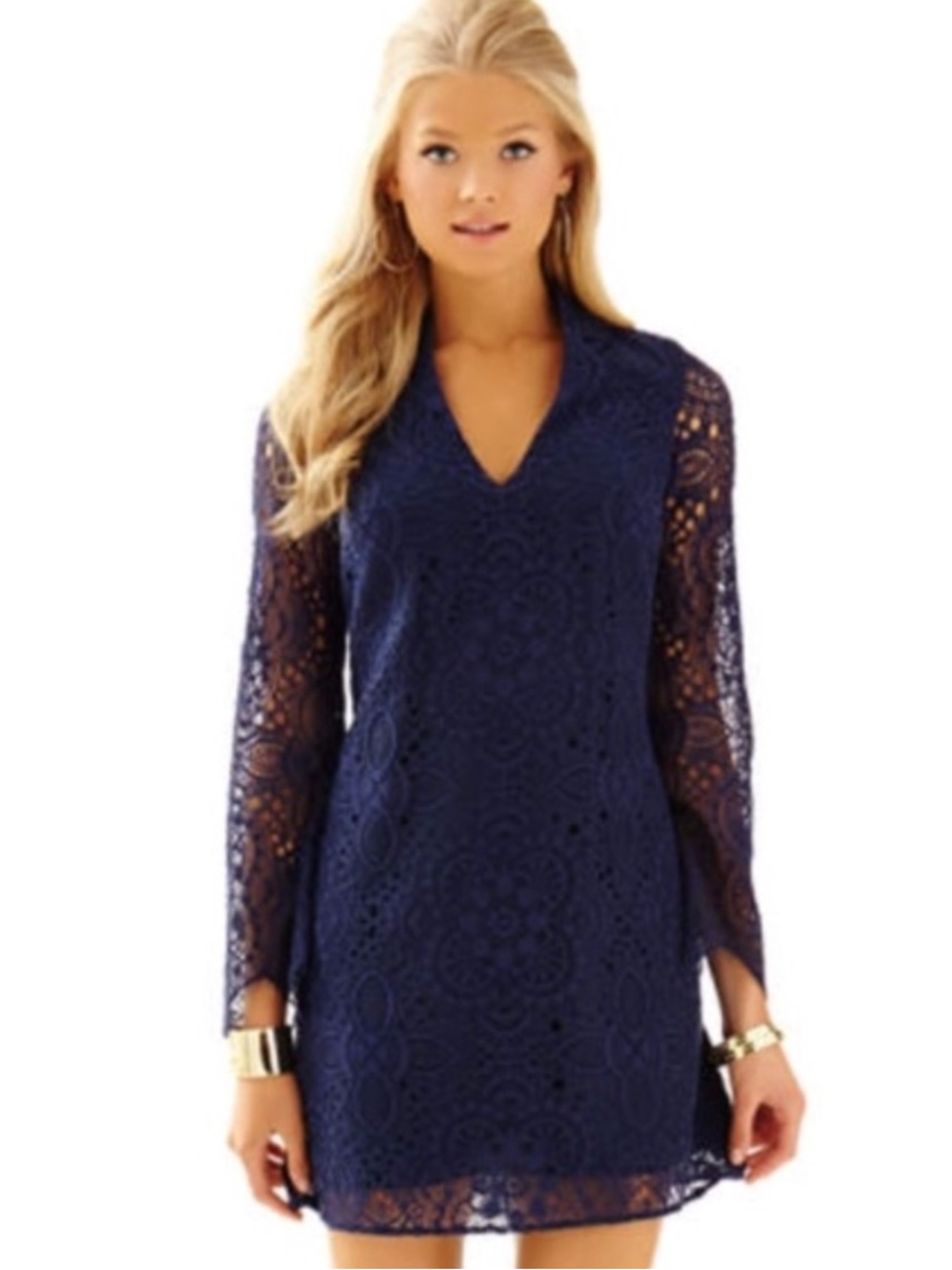Lilly Pulitzer Felicity Lace Long Sleeve Shift Dress in Navy Blue Sz 14